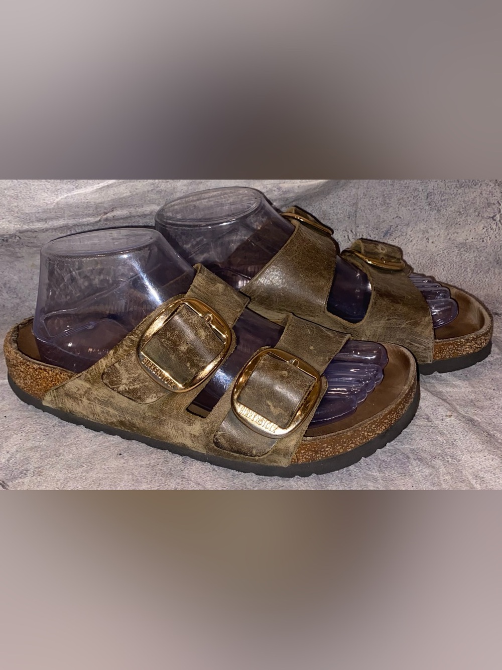 Birkenstock Big Buckle Arizona Sandals Shoes Brass Gold Straps Comfort 7 38 Vtg